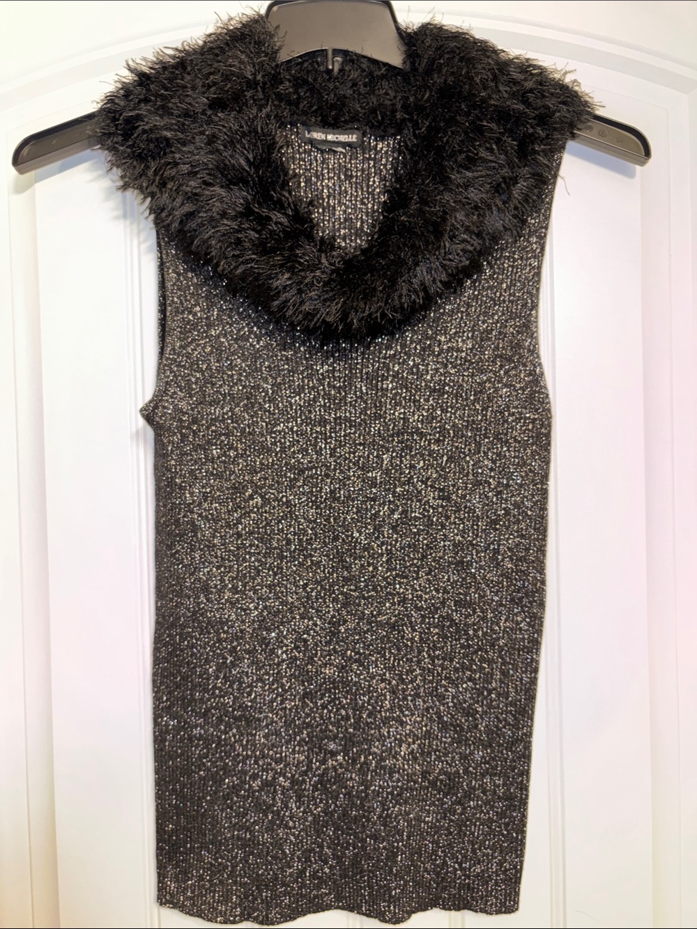 90s y2k Lauren Michelle Sweater Tank with Faux Fur Faux Feather Collar Metallic